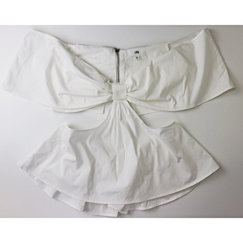 LPA Bow Off Shoulder Smocked Cutout Crop Top White